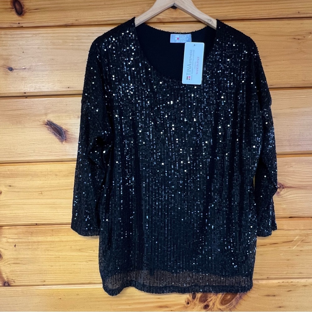 NWT Tina Stephens Elegant Sequin Top Black 3/4 Sleeve Round Neck Blouse